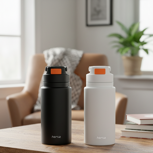 NertZ.in FlipSip 800 water bottles in black and white with orange accents