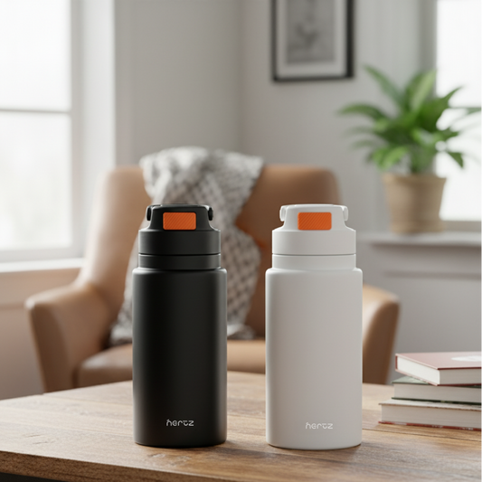 Nertz FlipSip 800 black stainless steel insulated water bottle with flip-top lid and carry handle