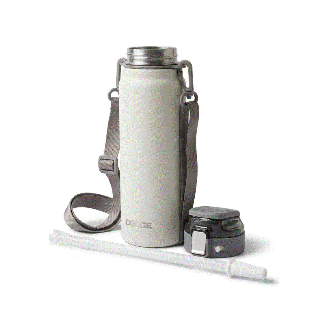 Dodge Blaze 800 stainless steel insulated water bottle with flip-top lid and detachable sling strap in white and dark grey colors.