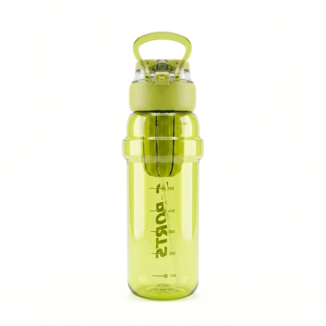 Nertz Glide high-capacity water bottle with dual lids, removable straw, and plastic strainer in green and black