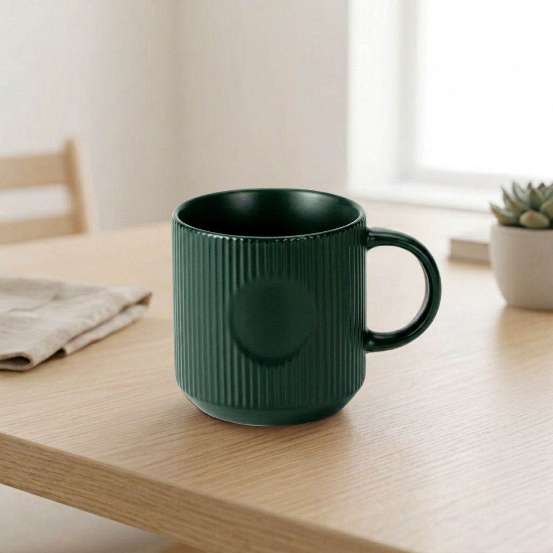 Linea Noir porcelain coffee mug with elegant vertical lines in black and white design