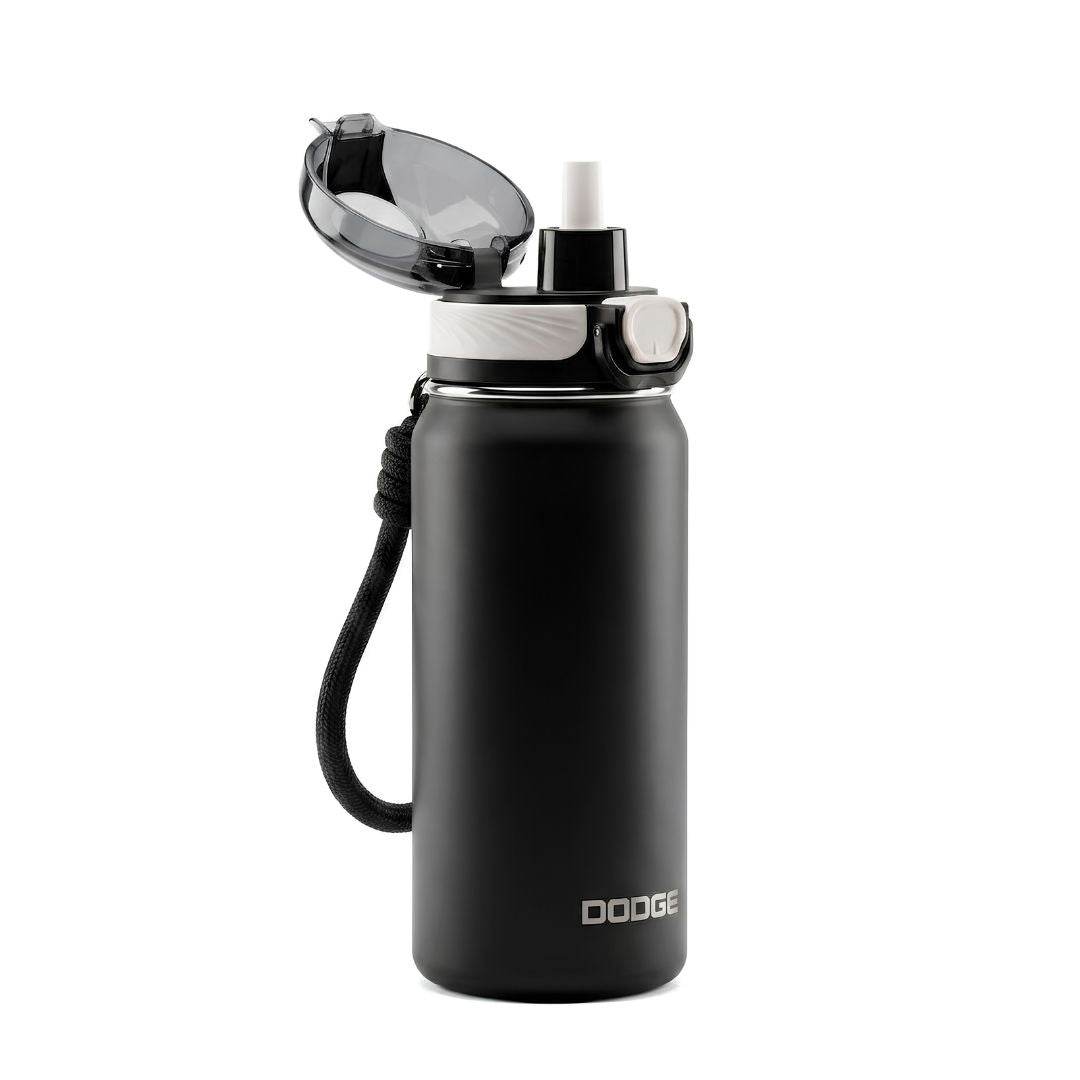 Dodge Chill 700 black stainless steel vacuum insulated water bottle with flip-open lid and fabric handle