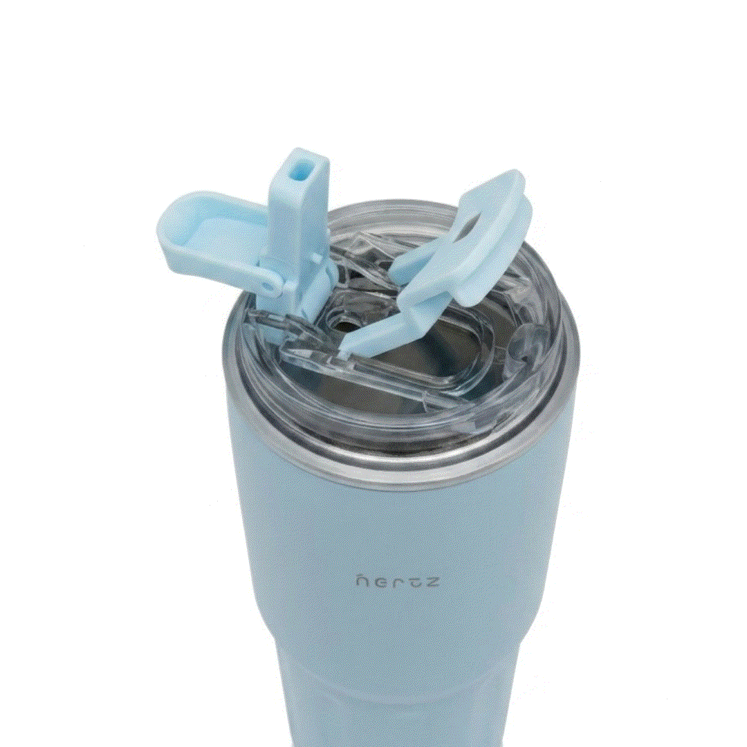 600 ml insulated stainless steel bottle with double-wall vacuum insulation, grooved grip, and two interchangeable lids in blue and white