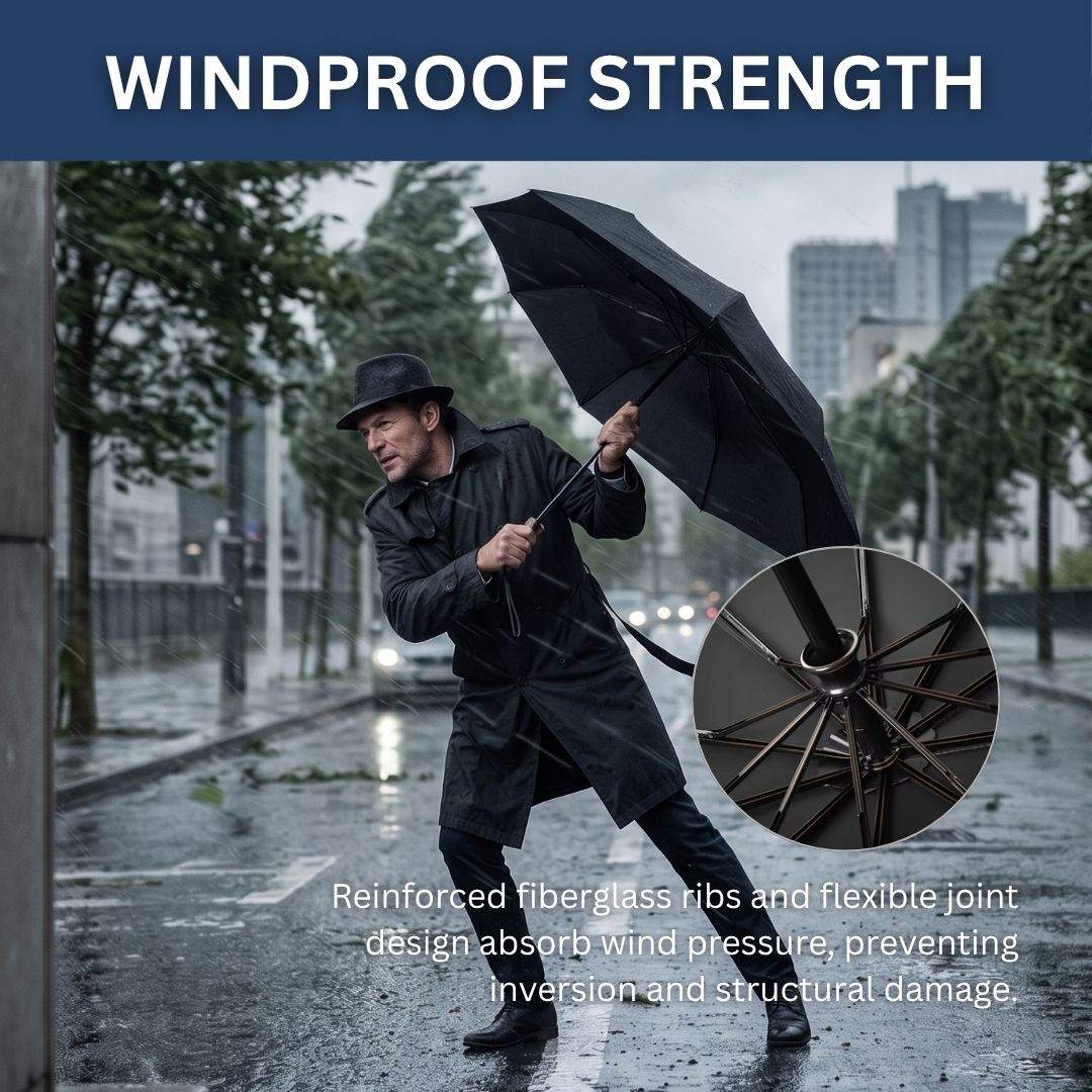 Man in a black coat and hat holding a NertZ.in Cloudveil umbrella in strong wind and rain