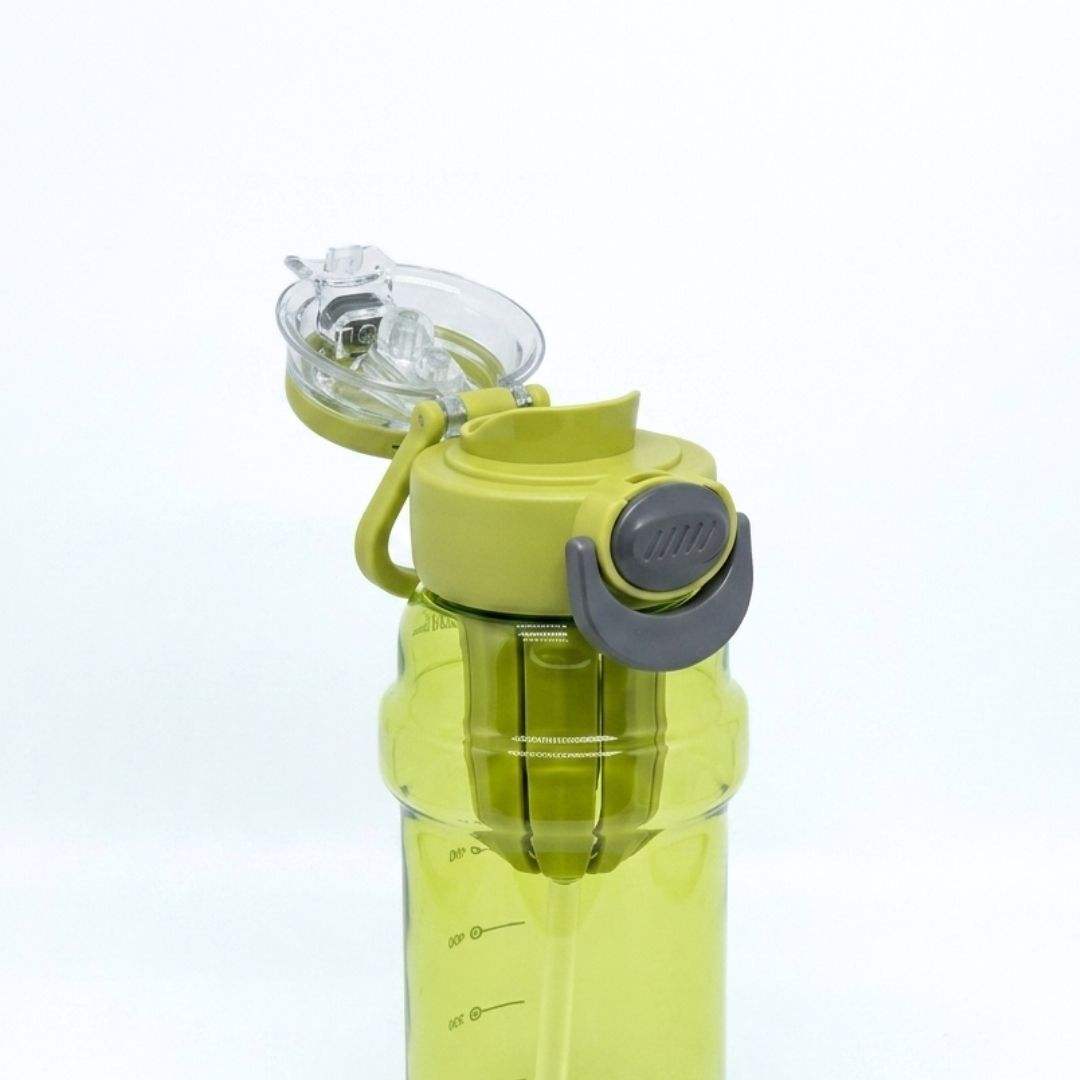 Nertz Glide high-capacity water bottle with interchangeable lids, removable straw, and plastic strainer in green, designed for gym and travel hydration