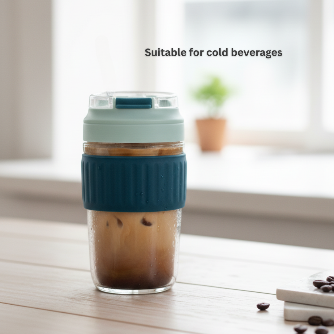 NertZ.in Crystal Grip Mug with iced coffee, teal sleeve, and light blue lid