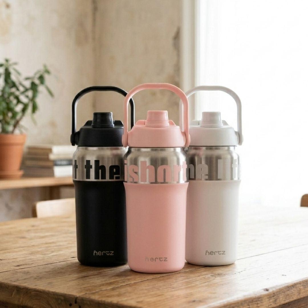 Max Steel bottle black stainless steel with twist lid and carry loop, vacuum insulated for hot and cold drinks