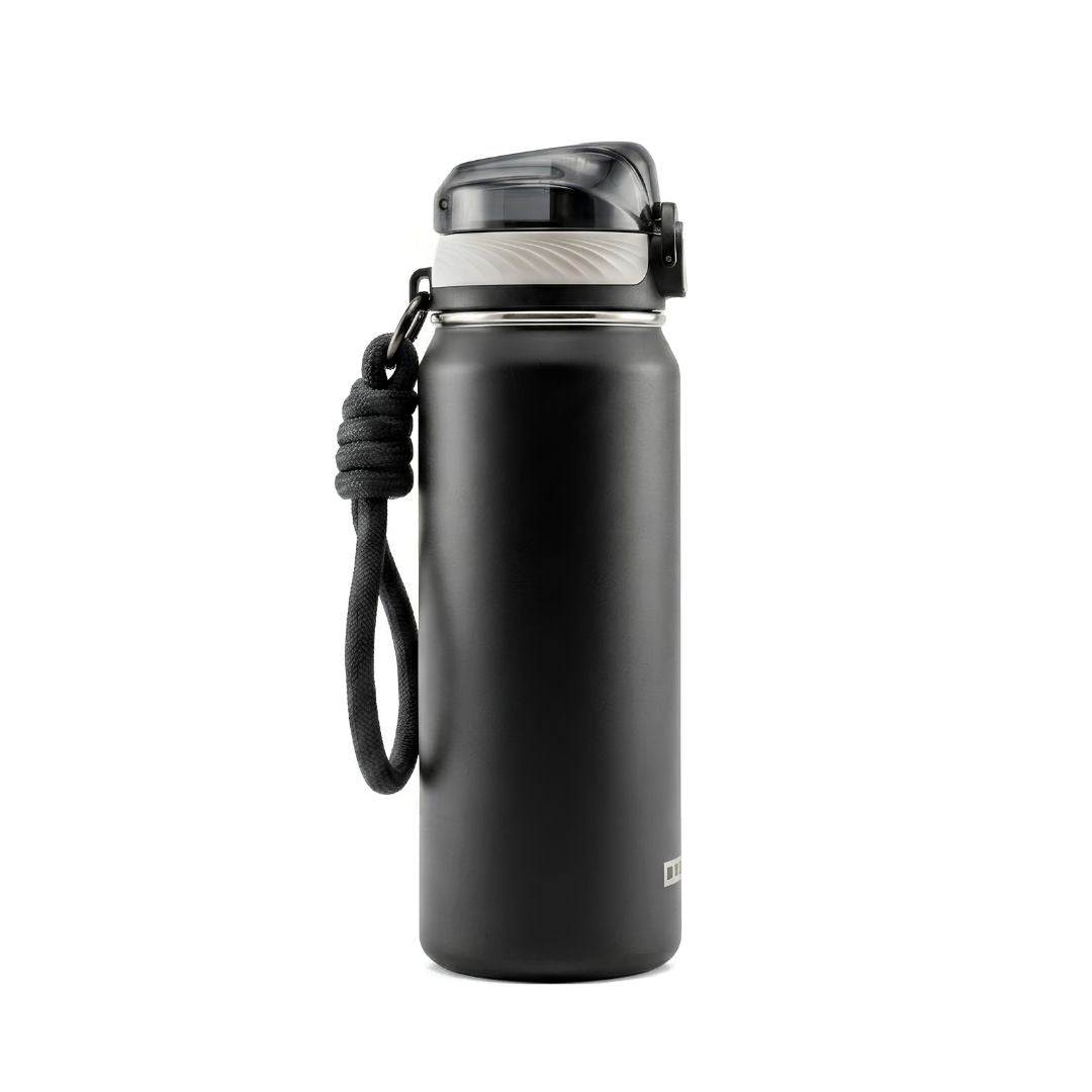 Dodge Chill 700 stainless steel vacuum insulated water bottle with flip-open lid and fabric handle in black and beige