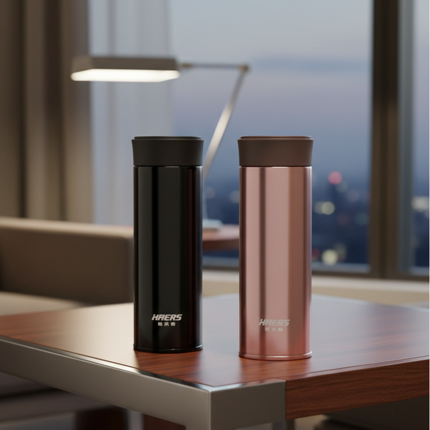 Two NertZ.in Bag Buddy Bottles, one black and one rose gold, on a wooden table