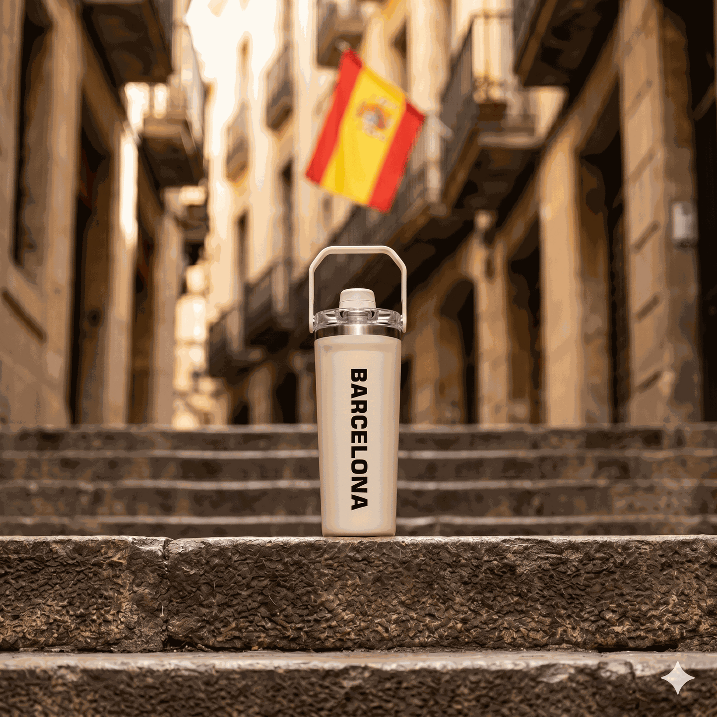 NertZ.in Travel with Nertz Edition bottle on stone steps with a Spanish flag in the background