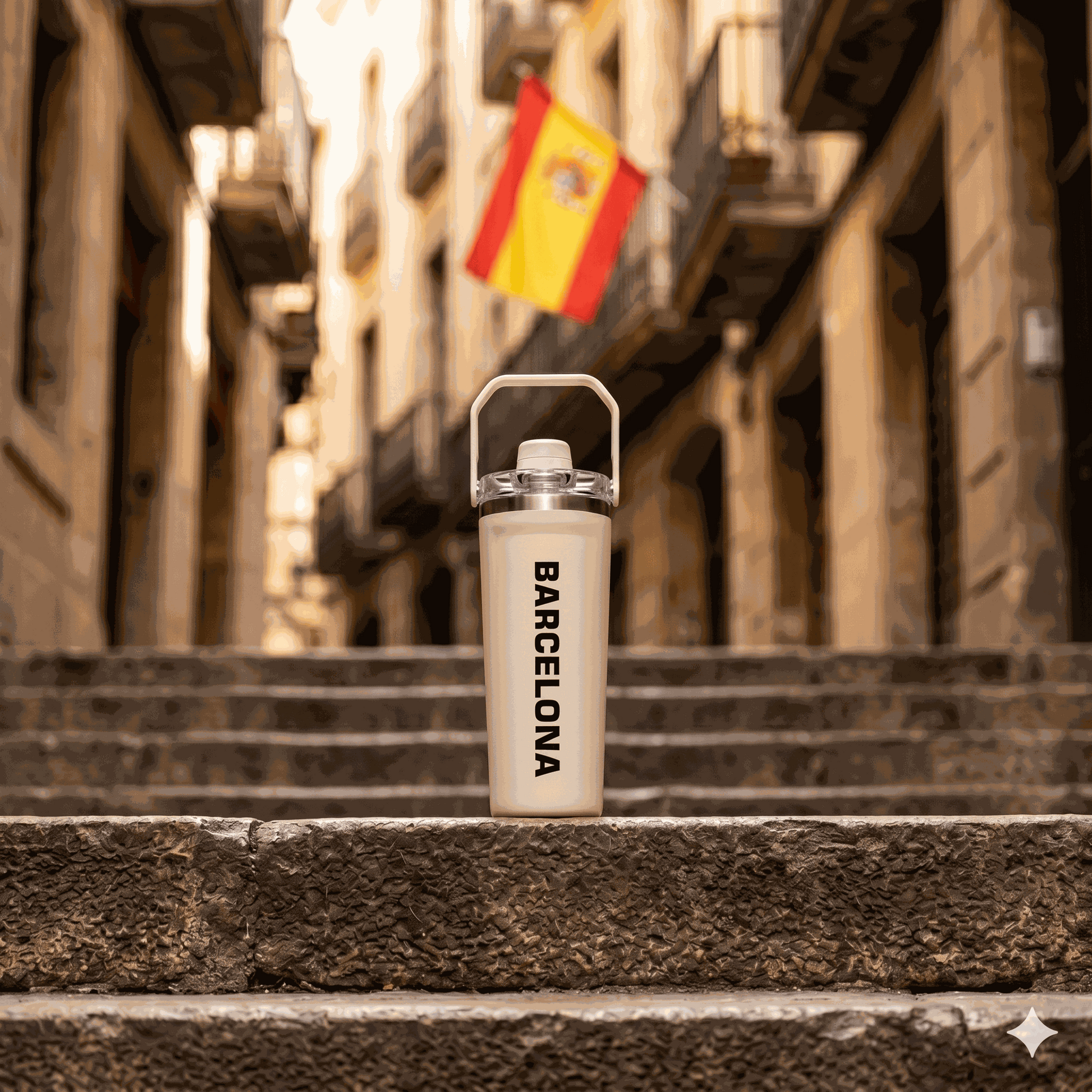 NertZ.in Travel with Nertz Edition bottle on stone steps with a Spanish flag in the background
