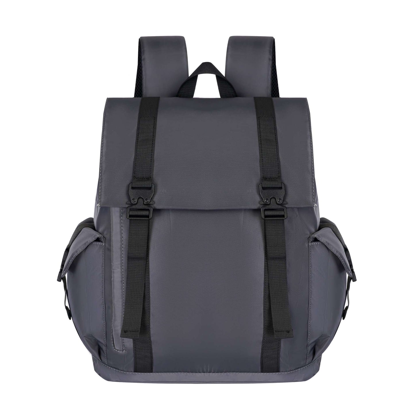 LW Backpack black grey water-resistant Oxford fabric laptop bag with multiple compartments and secure buckle flap closure