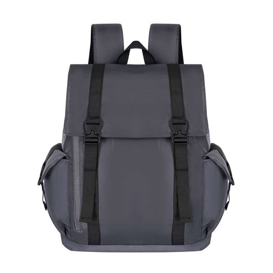 LW Backpack black grey water-resistant Oxford fabric laptop bag with multiple compartments and secure buckle flap closure