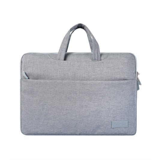 Minimalist Executive Core laptop bag in black and grey with water-resistant Oxford fabric, shockproof padding, and luggage attachment strap.