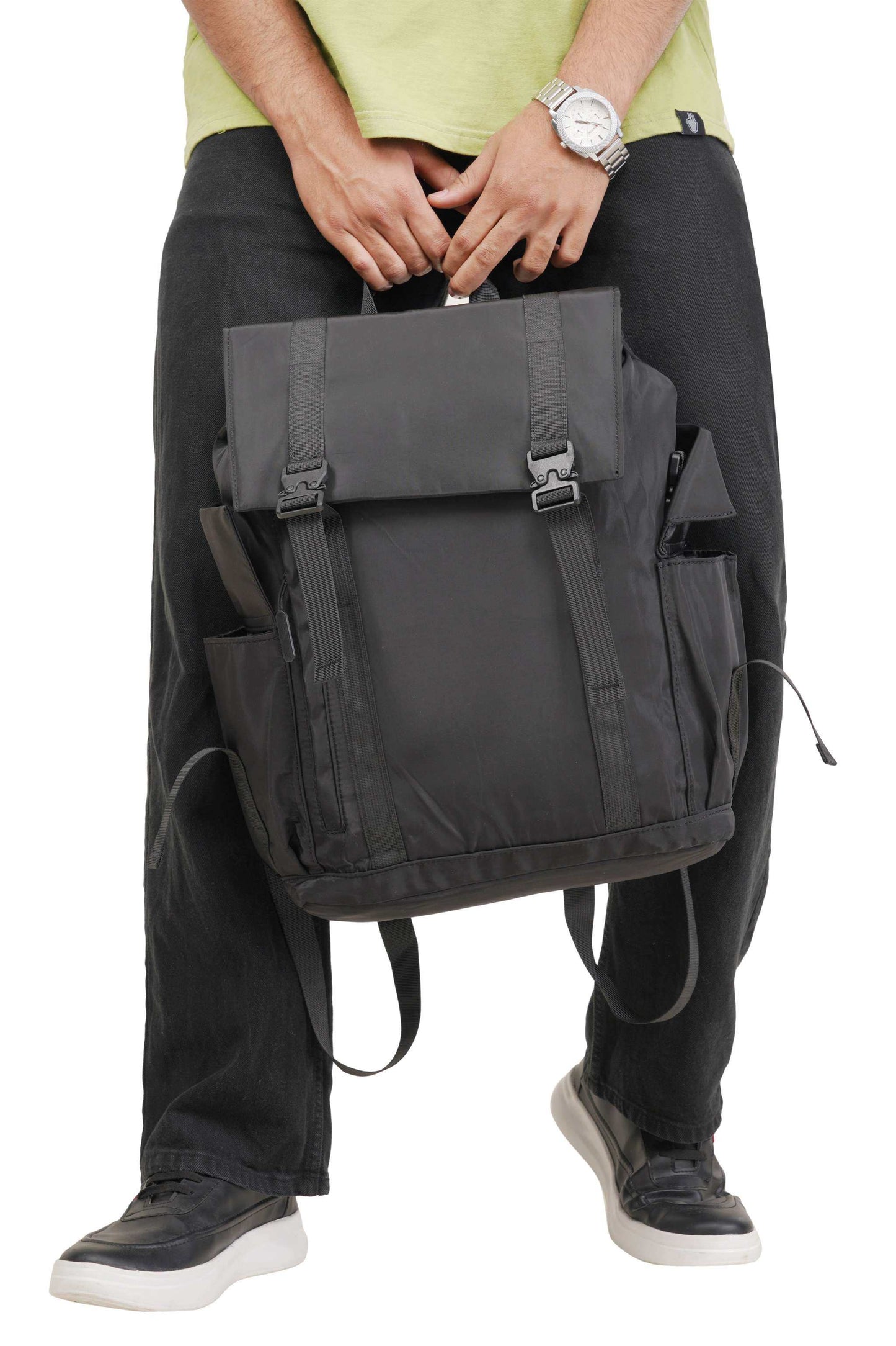 Black and grey LW Backpack with water-resistant Oxford fabric, dual buckle flap, and laptop compartment up to 15.6 inches, designed for students and professionals.