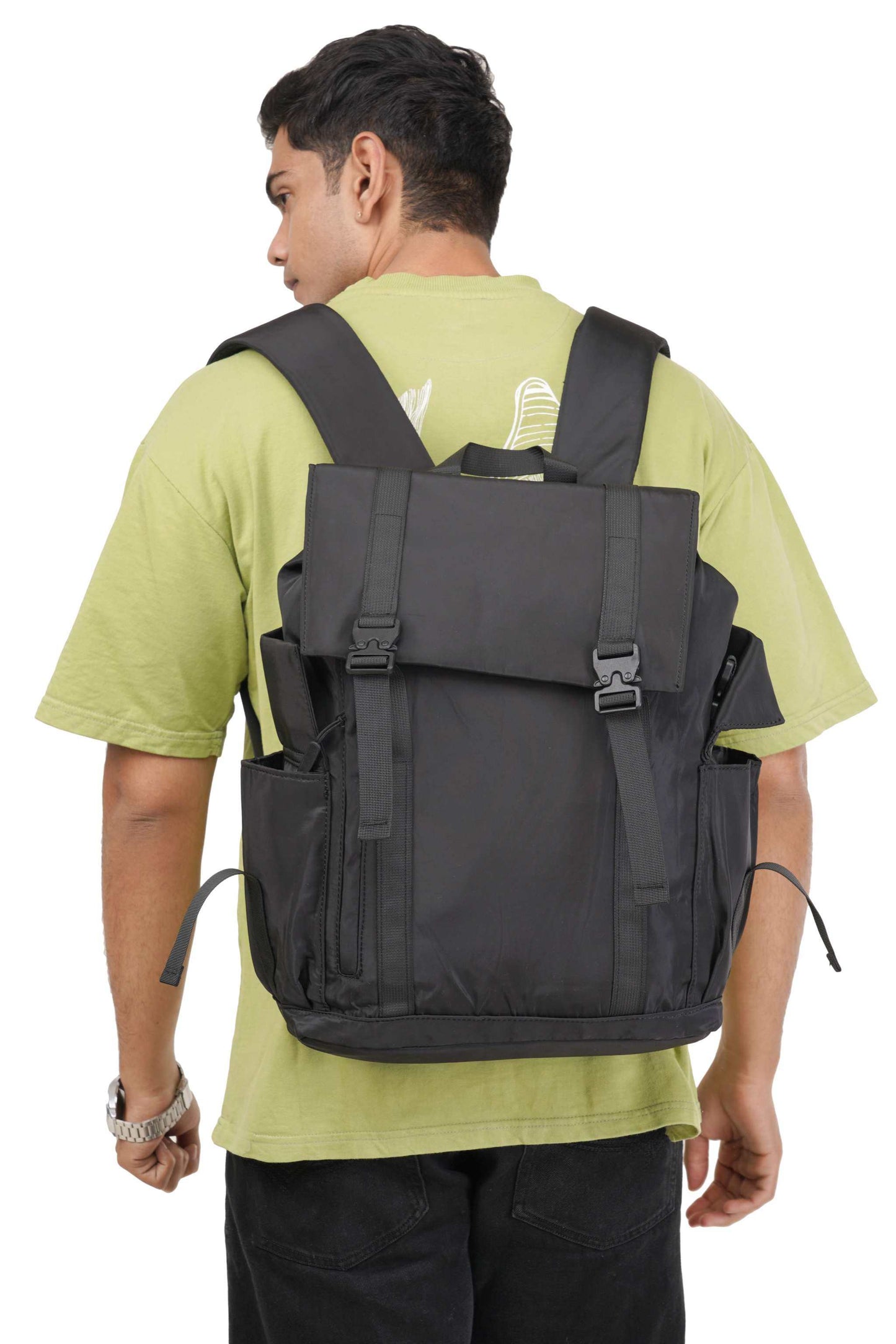 LW Backpack black and grey water-resistant laptop bag with multiple compartments and secure buckle closure
