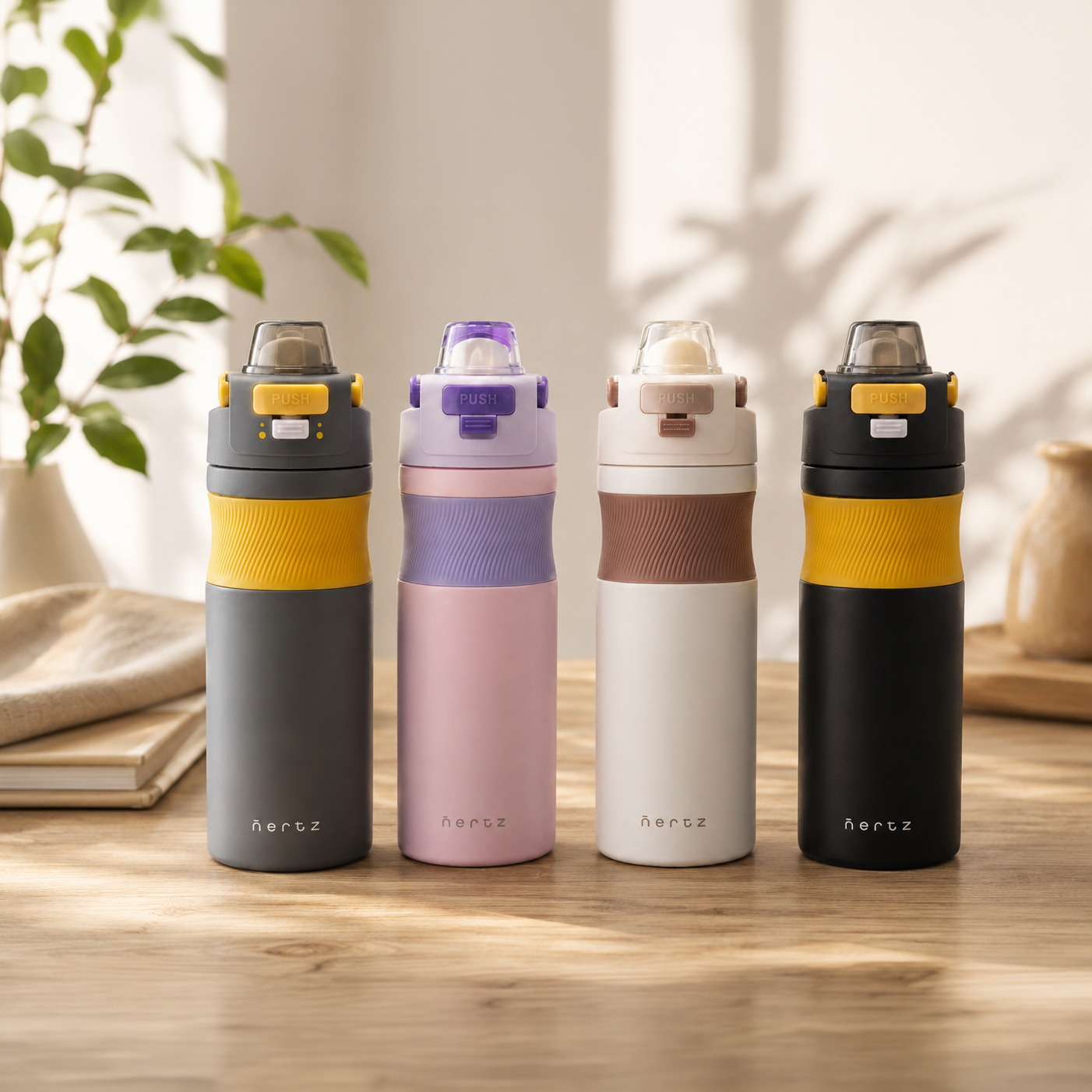 Nertz Grip 600 stainless steel insulated water bottle with sipper lid and carry handle in black and white