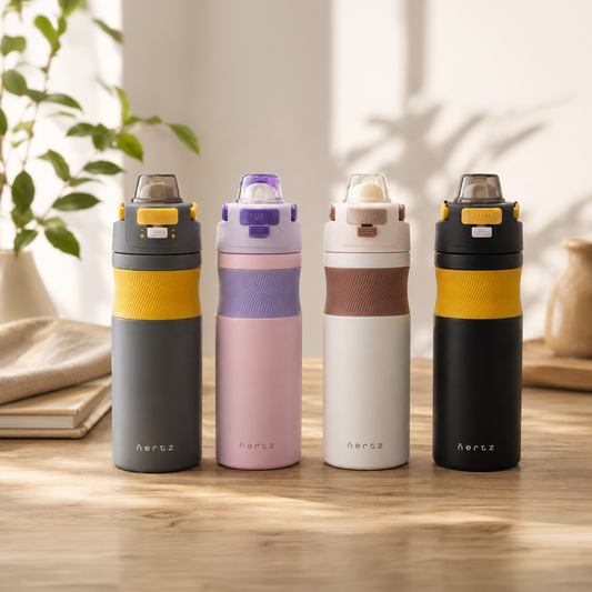 Nertz Grip 600 stainless steel insulated water bottle with sipper lid and carry handle in black and white