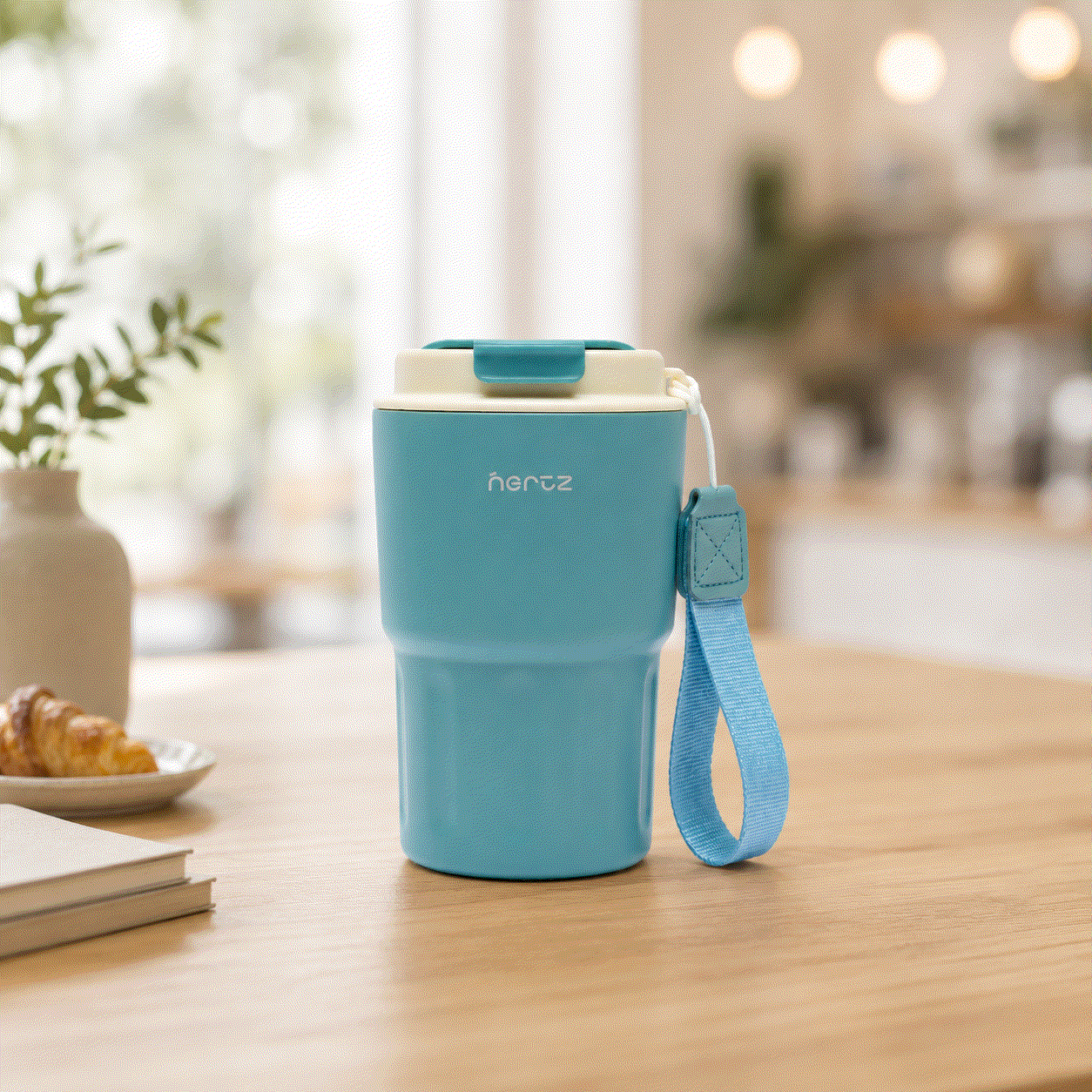 Blue Wander Grip Mug with grooved stainless steel body, flip-top locking lid, and fabric handle