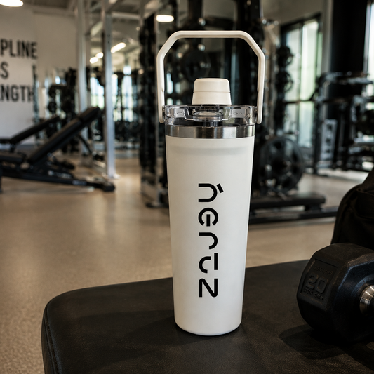 White water bottle with black logo on a gym bench