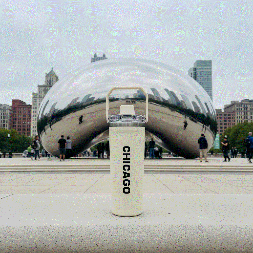 NertZ.in Travel with Nertz Edition water bottle with Chicago text in front of Cloud Gate