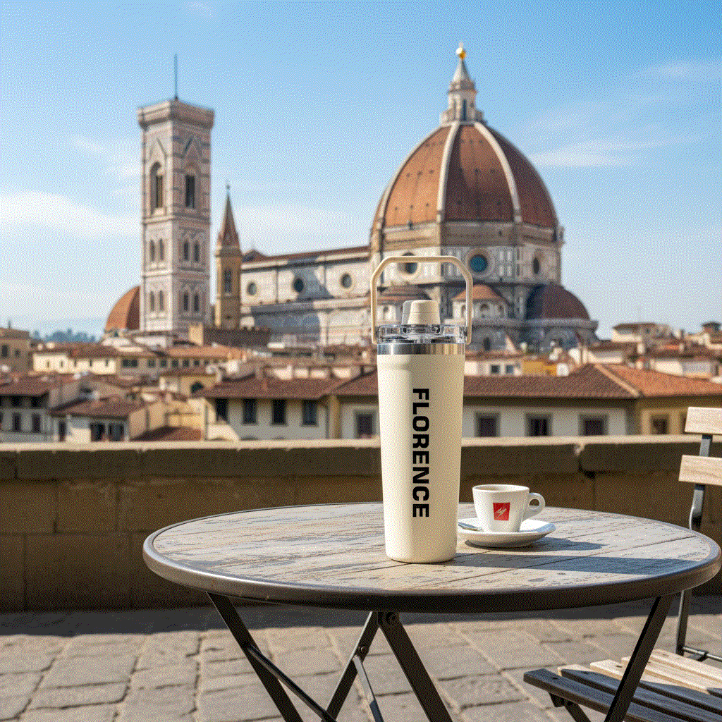 NertZ.in Travel with Nertz Edition tumbler with Florence written on it, on a table with a coffee cup