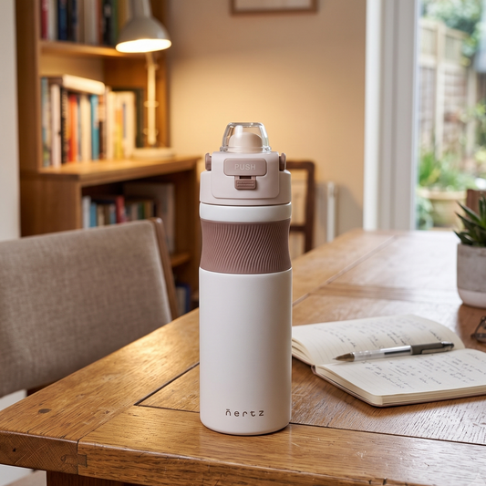 Nertz Grip 600 black and white stainless steel insulated water bottle with sipper lid and carry handle