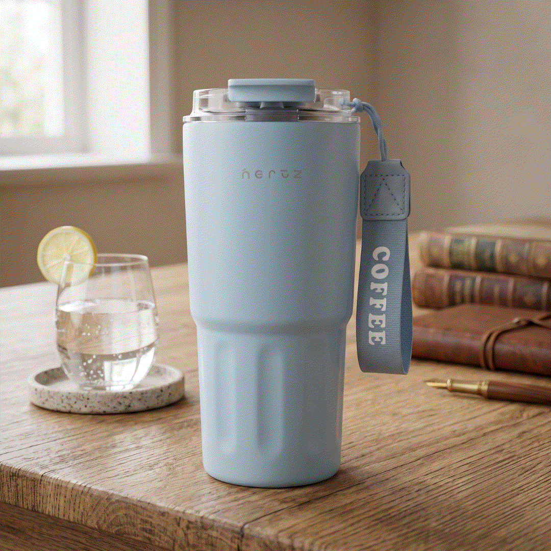 600 ml insulated stainless steel bottle with double-wall vacuum insulation and interchangeable lids in blue and white