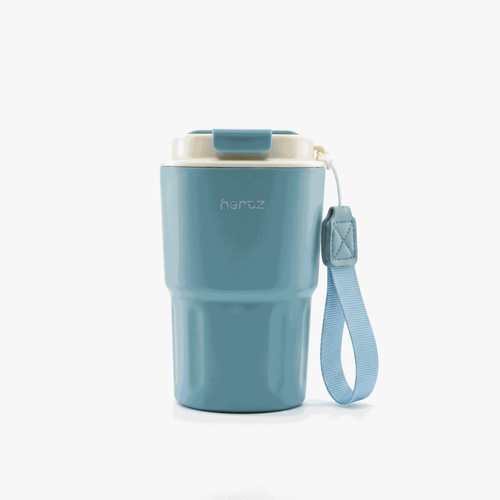 Blue Wander Grip Mug Pro with grooved stainless steel body and fabric handle, 360ml travel mug with lockable flip lid and double-wall insulation