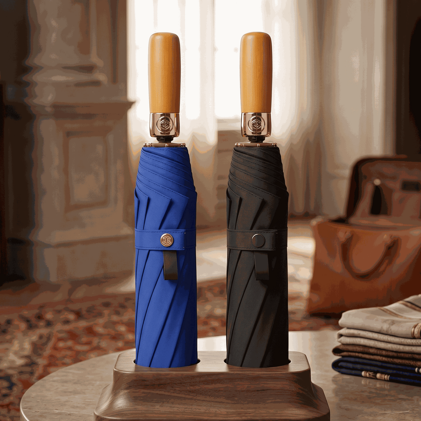 NertZ.in OakShade umbrellas, one blue and one black, with wooden handles, on a wooden stand