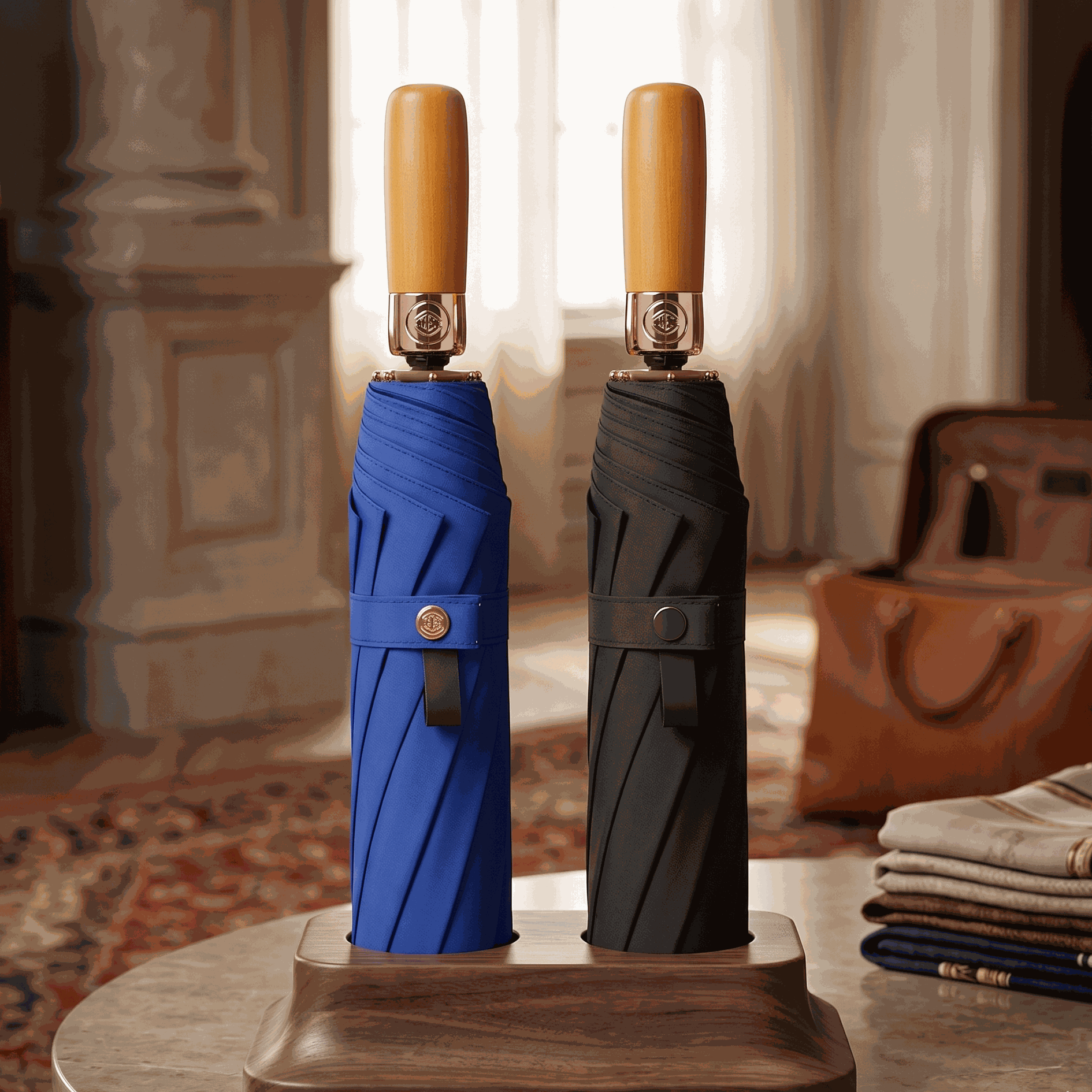 NertZ.in OakShade umbrellas, one blue and one black, with wooden handles, on a wooden stand