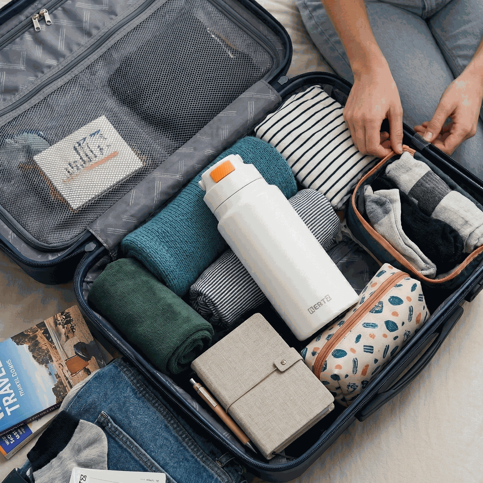 NertZ.in FlipSip 800 bottle in a suitcase with neatly packed clothes and travel accessories