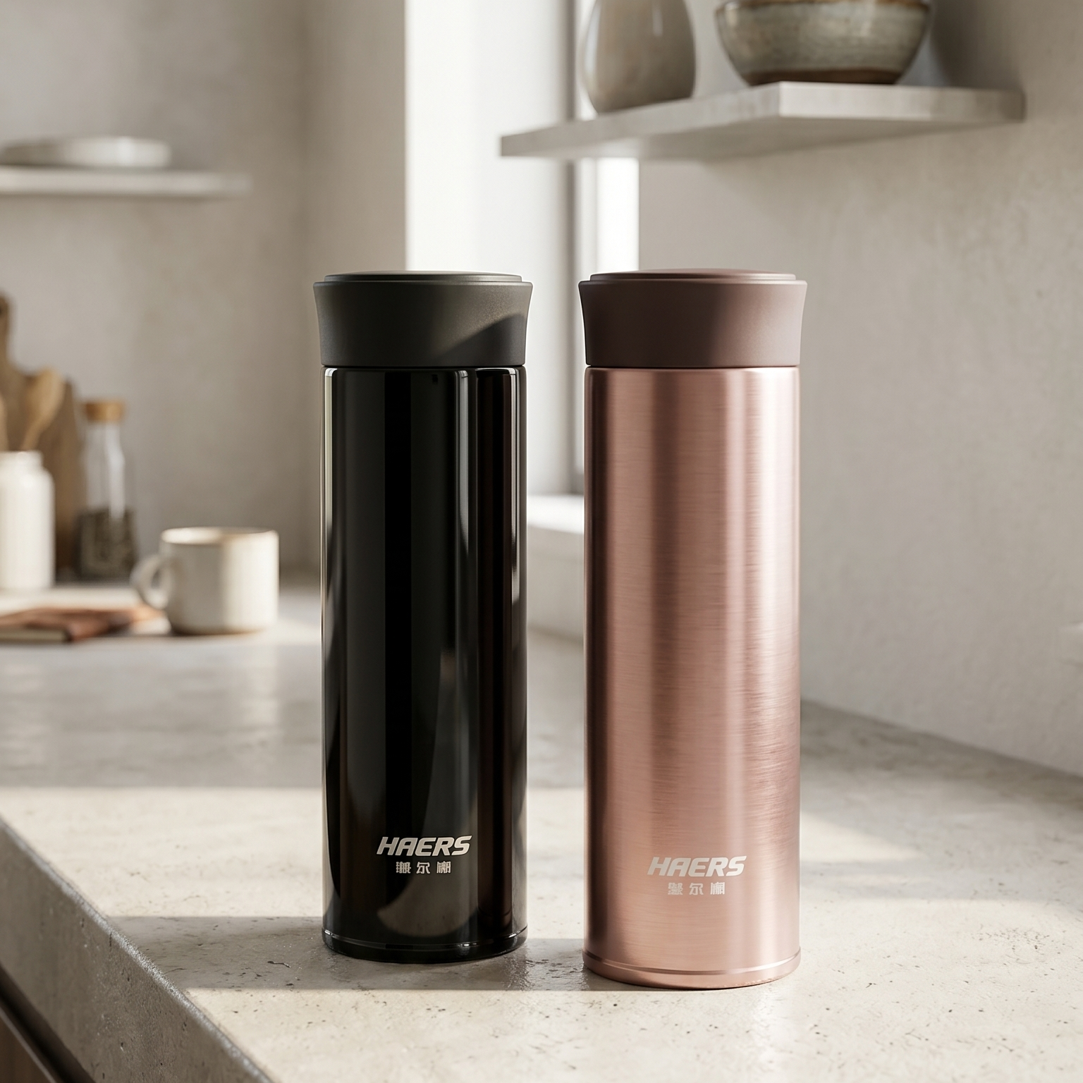Two NertZ.in Bag Buddy Bottles, one black and one rose gold, on a kitchen counter