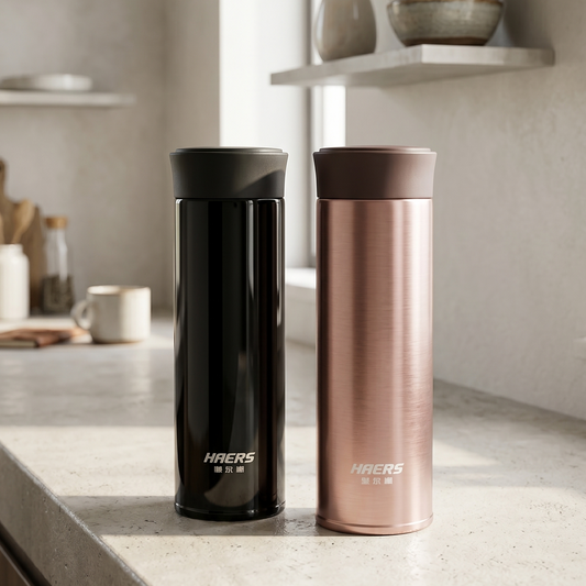 Two NertZ.in Bag Buddy Bottles, one black and one rose gold, on a kitchen counter