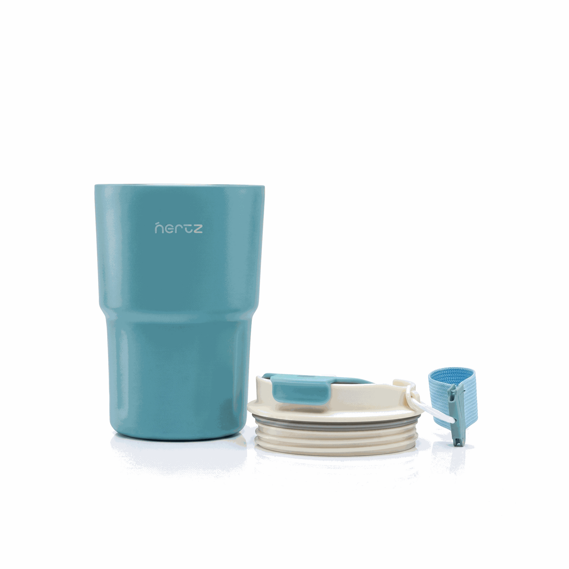 Blue Wander Grip Mug Pro with lockable flip-top lid and fabric handle, stainless steel travel mug with grooved grip and double-wall insulation.