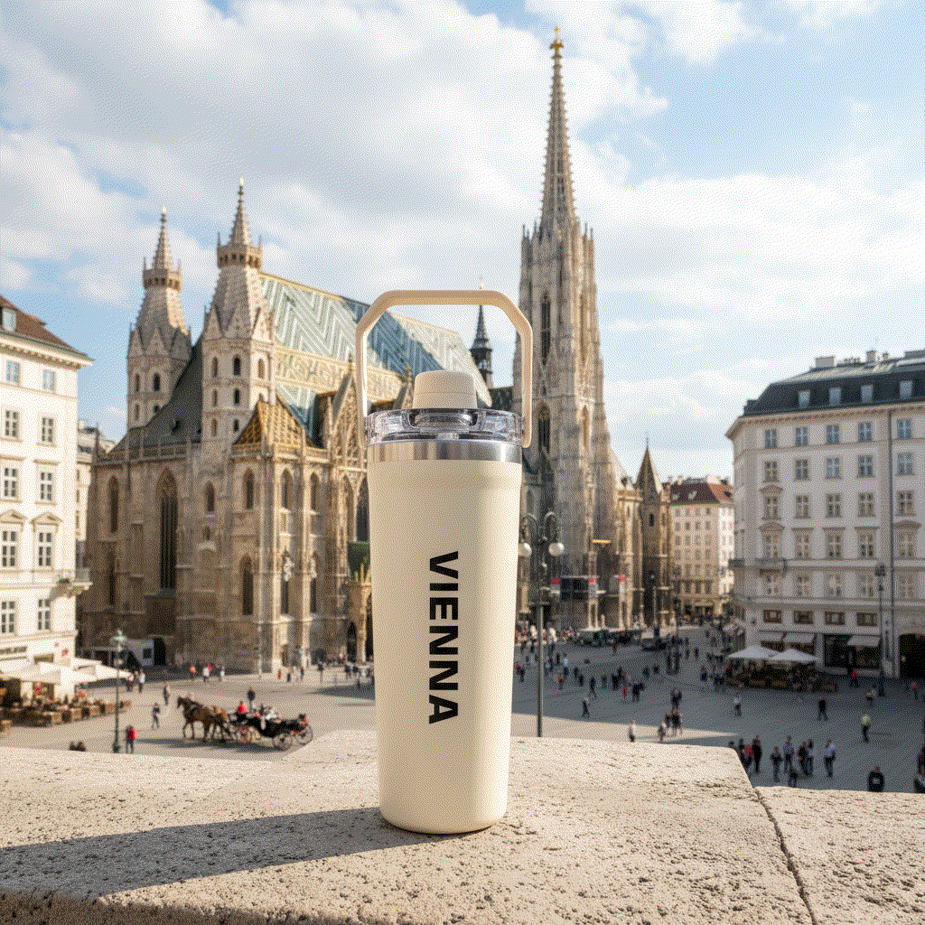 NertZ.in Travel with Nertz Edition bottle with Vienna text in front of St Stephen's Cathedral