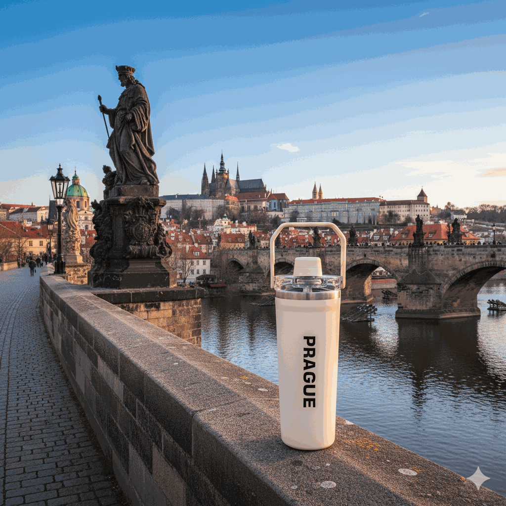 NertZ.in Travel with Nertz Edition bottle on a bridge in Prague