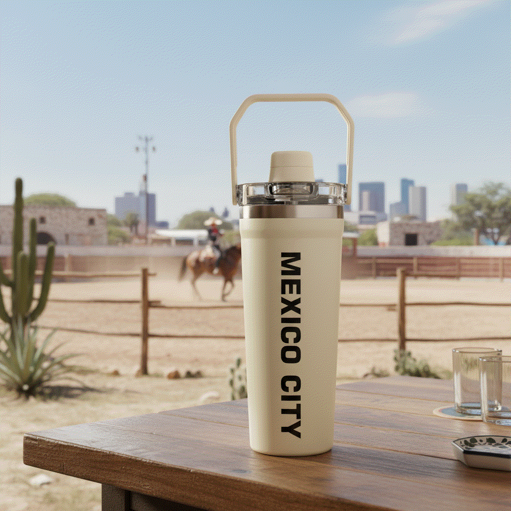 NertZ.in Travel with Nertz Edition water bottle with Mexico City text on a wooden table