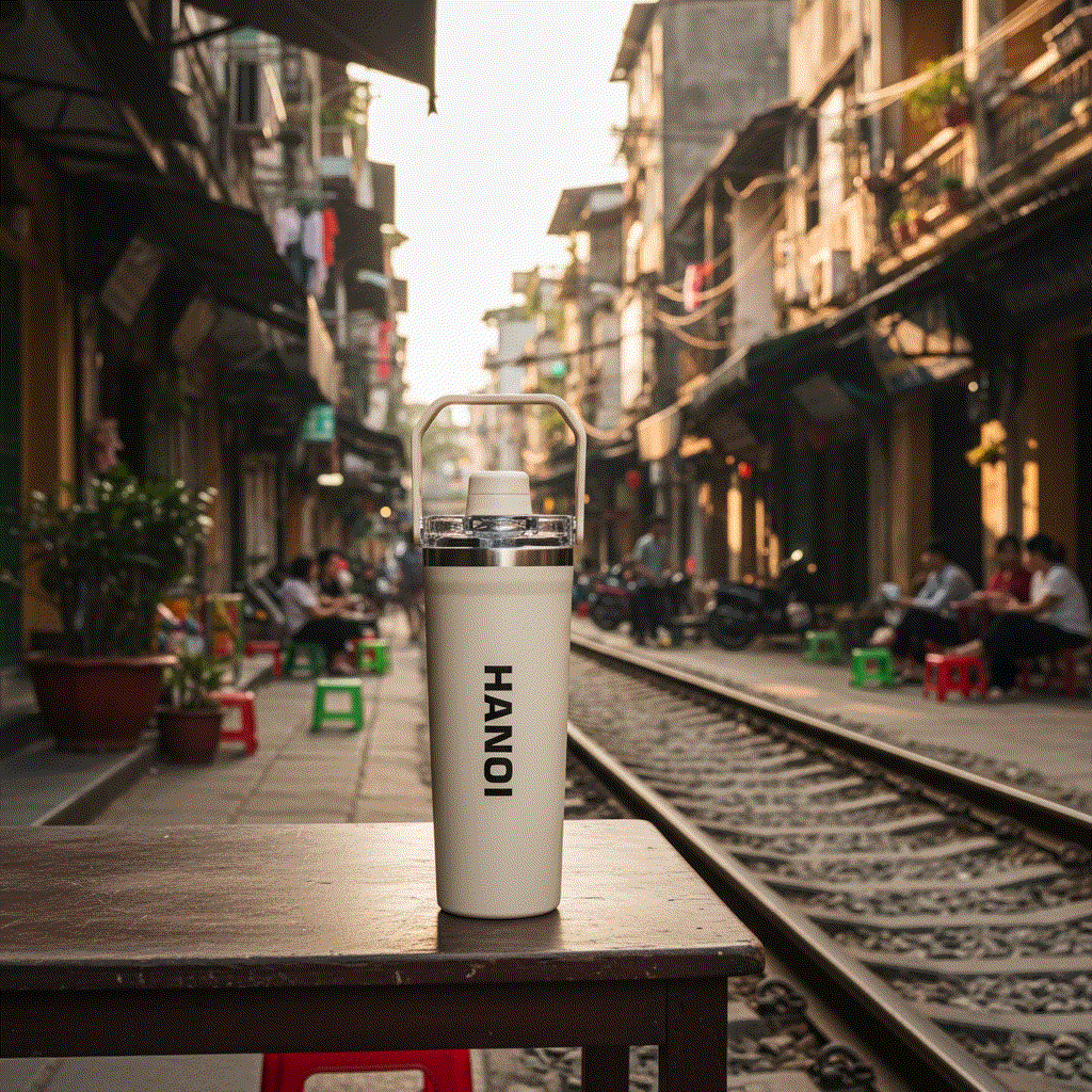 NertZ.in Travel with Nertz Edition bottle on a table next to train tracks in Hanoi