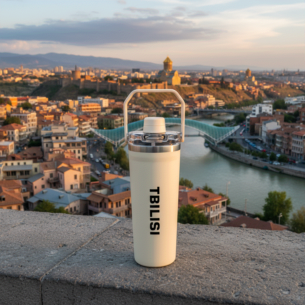 NertZ.in Travel with Nertz Edition bottle with Tbilisi text, city skyline in background