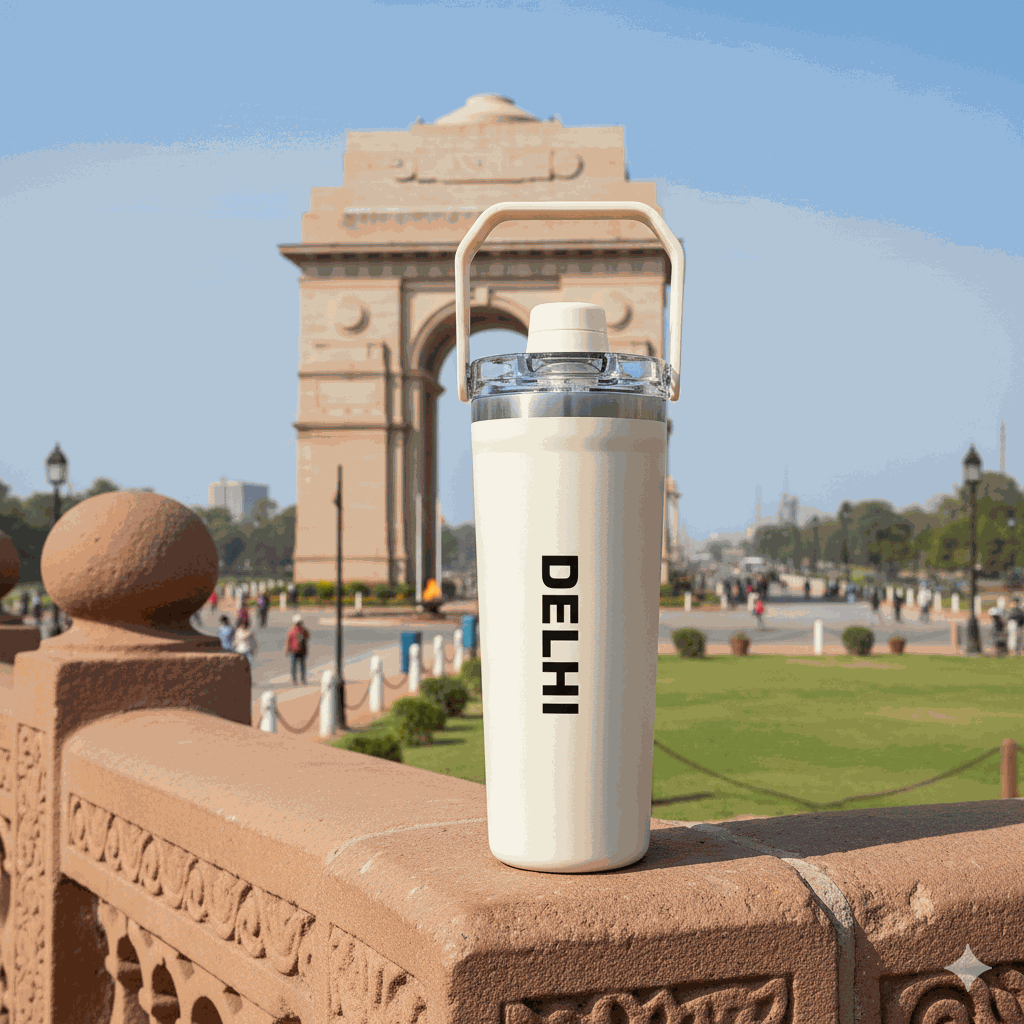 NertZ.in Travel with Nertz Edition bottle with DELHI text, India Gate in background