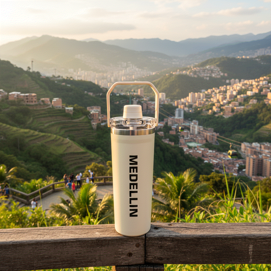 NertZ.in Travel with Nertz Edition bottle with Medellin text on a wooden railing overlooking a city