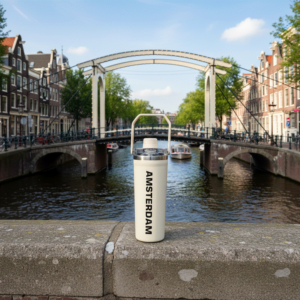 NertZ.in Travel with Nertz Edition bottle on a bridge in Amsterdam