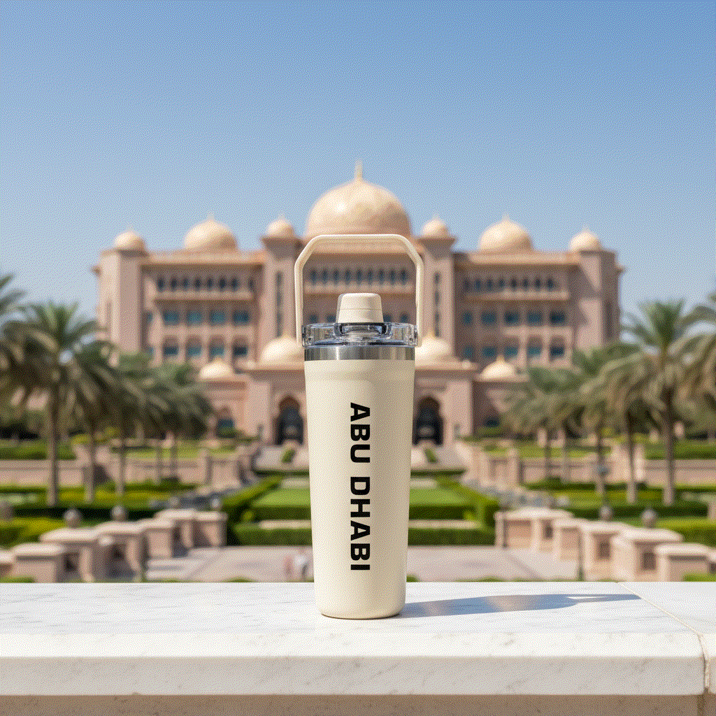 NertZ.in Travel with Nertz Edition bottle with Abu Dhabi text in front of a palace
