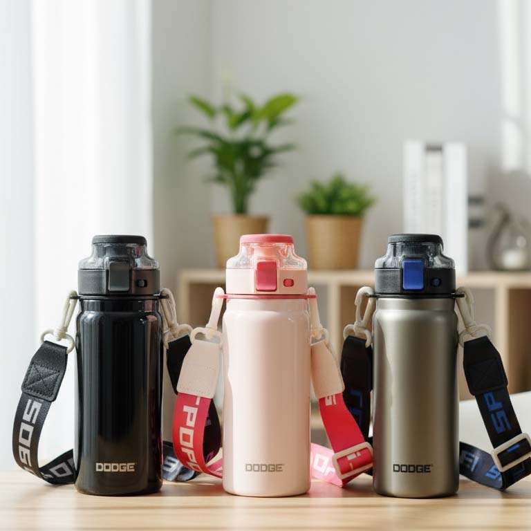 Three NertZ.in Dodge Blaze 620 water bottles in black, pink, and silver with carrying straps