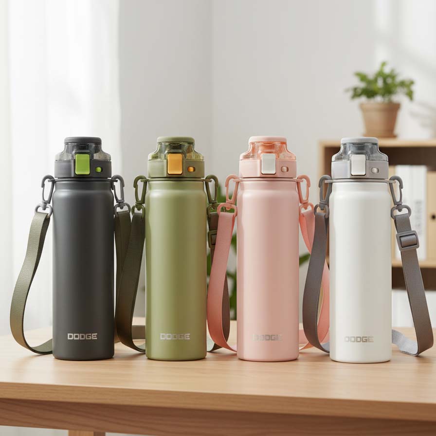 Four NertZ.in Dodge Blaze 800 water bottles in black, green, pink, and white with carrying straps