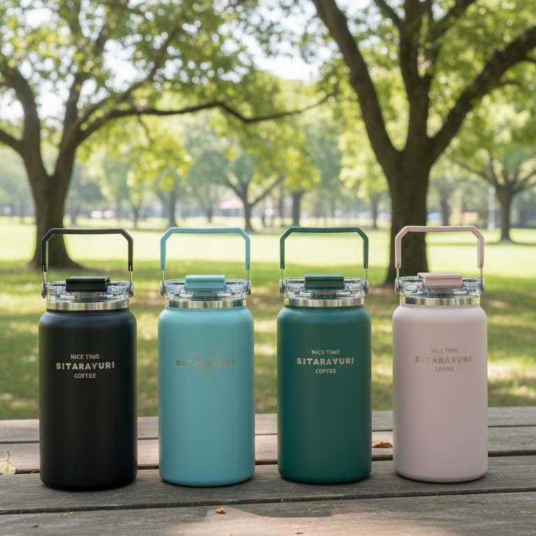 Blue HydroVault water bottle made of stainless steel with integrated handle and spill-proof lid