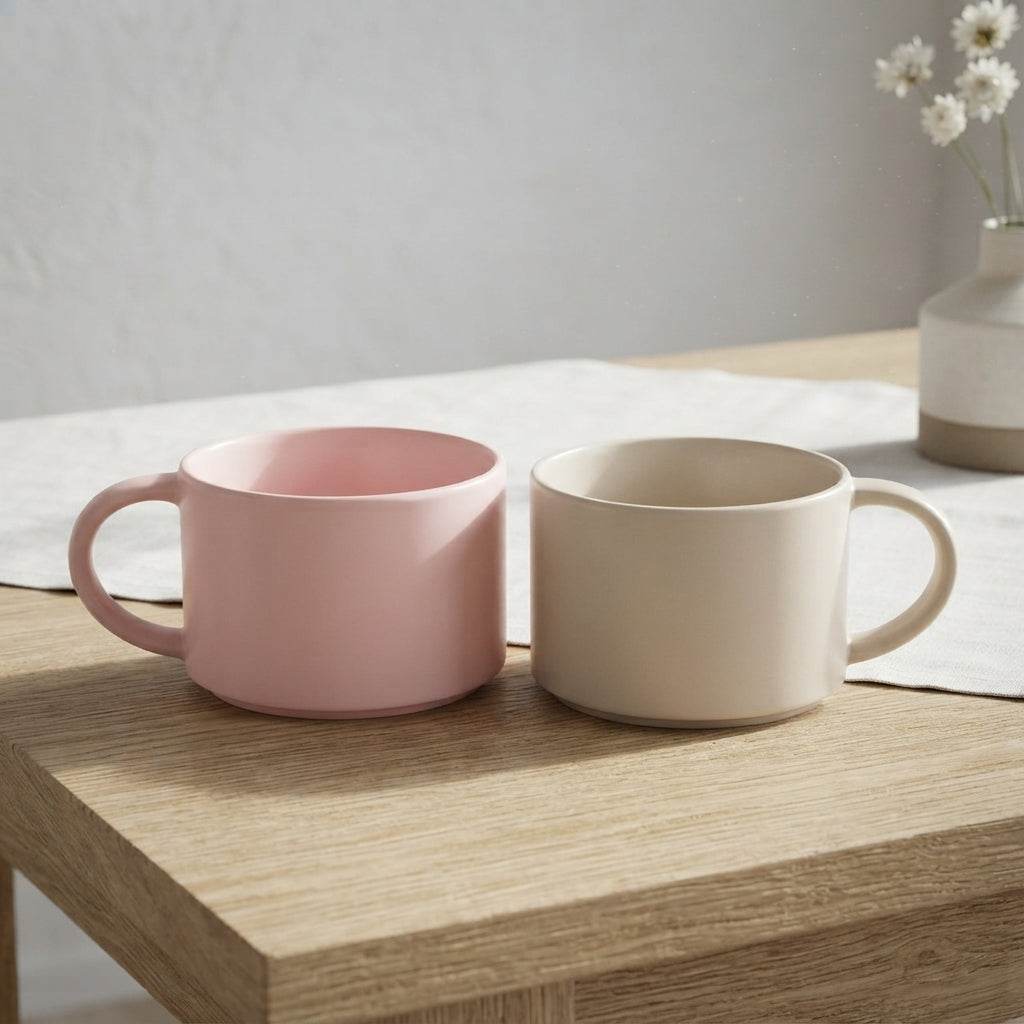 Two ceramic Mega Coffee Mugs in beige and pink, 650 ml capacity, wide mouth and large handle pack of 2