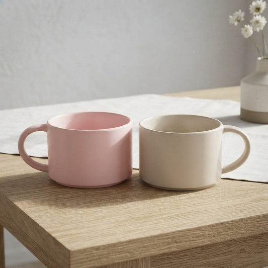 Two ceramic Mega Coffee Mugs in beige and pink, 650 ml capacity, wide mouth and large handle pack of 2