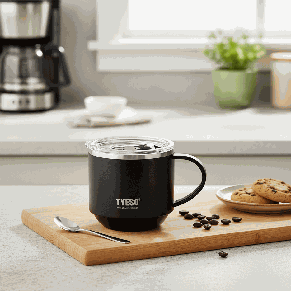 Nova Coffee Mug 330ml stainless steel with ergonomic handle and slide-open lid in green
